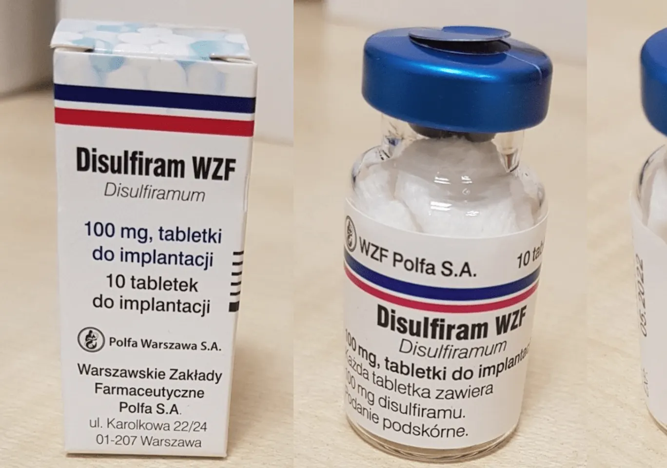 Wszywka alkoholowa Esperal Lipno: fiolka disulfiramu obok opakowania leku